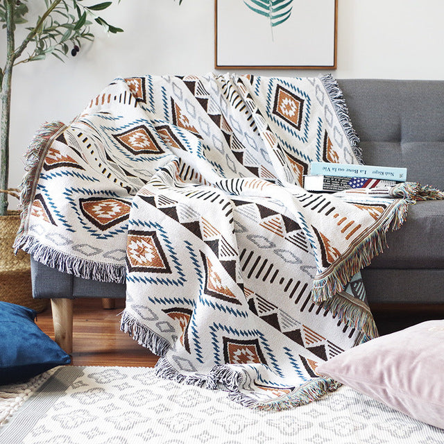 Geometric Print Sofa Blanket Double-sided Use Picnic Blanket Boho Knitted Tapestry Plaid Tablecloth Bedspread Blankets for Beds