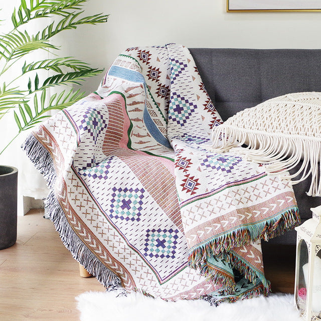 Geometric Print Sofa Blanket Double-sided Use Picnic Blanket Boho Knitted Tapestry Plaid Tablecloth Bedspread Blankets for Beds