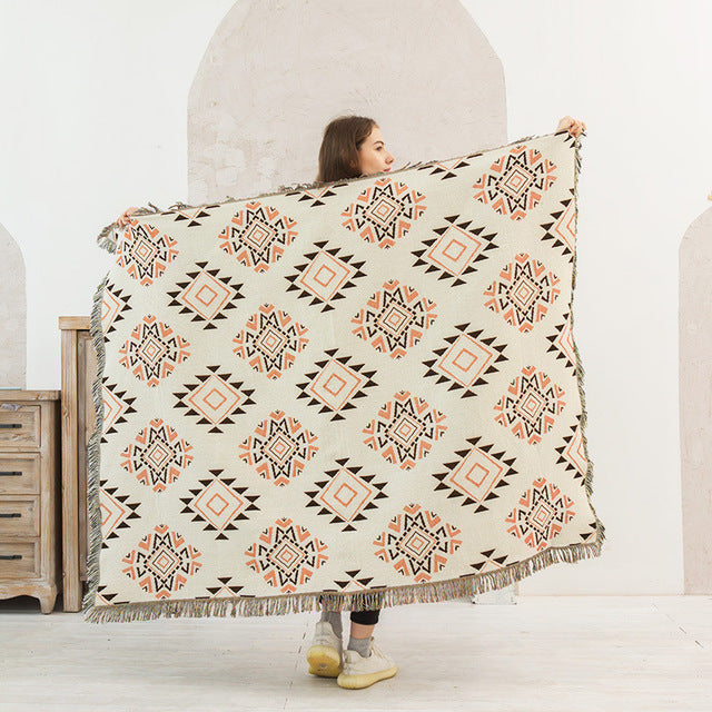 Geometric Print Sofa Blanket Double-sided Use Picnic Blanket Boho Knitted Tapestry Plaid Tablecloth Bedspread Blankets for Beds