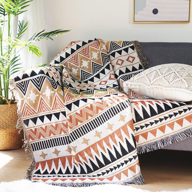 Geometric Print Sofa Blanket Double-sided Use Picnic Blanket Boho Knitted Tapestry Plaid Tablecloth Bedspread Blankets for Beds