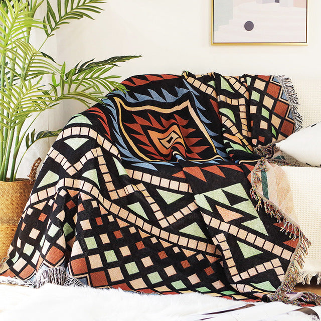 Geometric Print Sofa Blanket Double-sided Use Picnic Blanket Boho Knitted Tapestry Plaid Tablecloth Bedspread Blankets for Beds