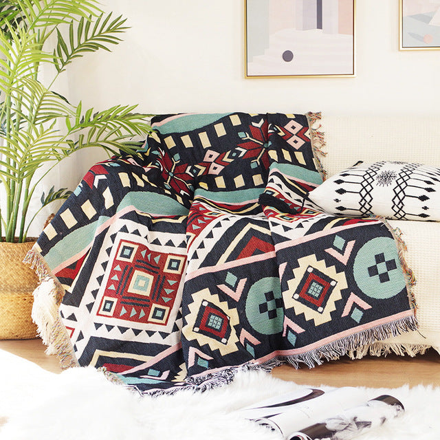 Geometric Print Sofa Blanket Double-sided Use Picnic Blanket Boho Knitted Tapestry Plaid Tablecloth Bedspread Blankets for Beds