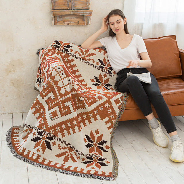 Geometric Print Sofa Blanket Double-sided Use Picnic Blanket Boho Knitted Tapestry Plaid Tablecloth Bedspread Blankets for Beds