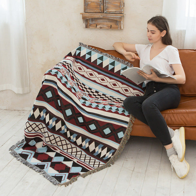 Geometric Print Sofa Blanket Double-sided Use Picnic Blanket Boho Knitted Tapestry Plaid Tablecloth Bedspread Blankets for Beds