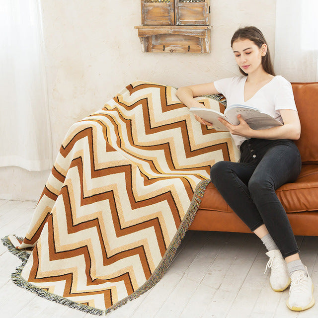 Geometric Print Sofa Blanket Double-sided Use Picnic Blanket Boho Knitted Tapestry Plaid Tablecloth Bedspread Blankets for Beds