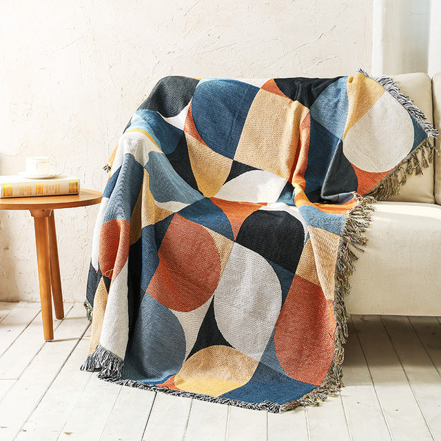 Geometric Print Sofa Blanket Double-sided Use Picnic Blanket Boho Knitted Tapestry Plaid Tablecloth Bedspread Blankets for Beds