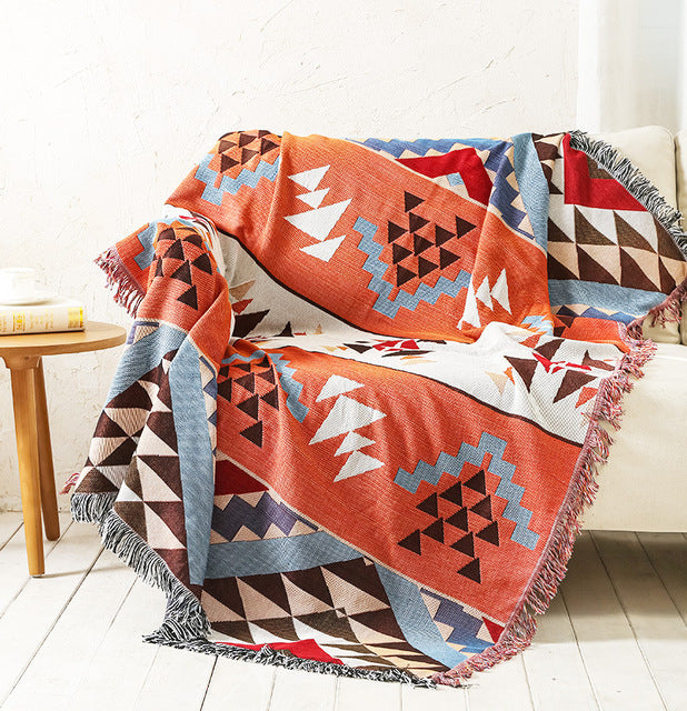 Geometric Print Sofa Blanket Double-sided Use Picnic Blanket Boho Knitted Tapestry Plaid Tablecloth Bedspread Blankets for Beds