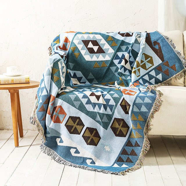 Geometric Print Sofa Blanket Double-sided Use Picnic Blanket Boho Knitted Tapestry Plaid Tablecloth Bedspread Blankets for Beds