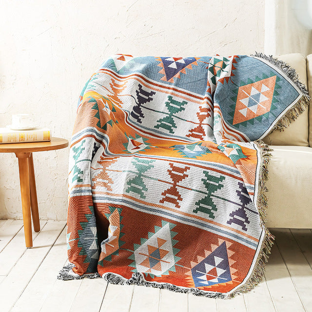 Geometric Print Sofa Blanket Double-sided Use Picnic Blanket Boho Knitted Tapestry Plaid Tablecloth Bedspread Blankets for Beds