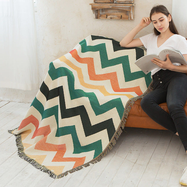 Geometric Print Sofa Blanket Double-sided Use Picnic Blanket Boho Knitted Tapestry Plaid Tablecloth Bedspread Blankets for Beds