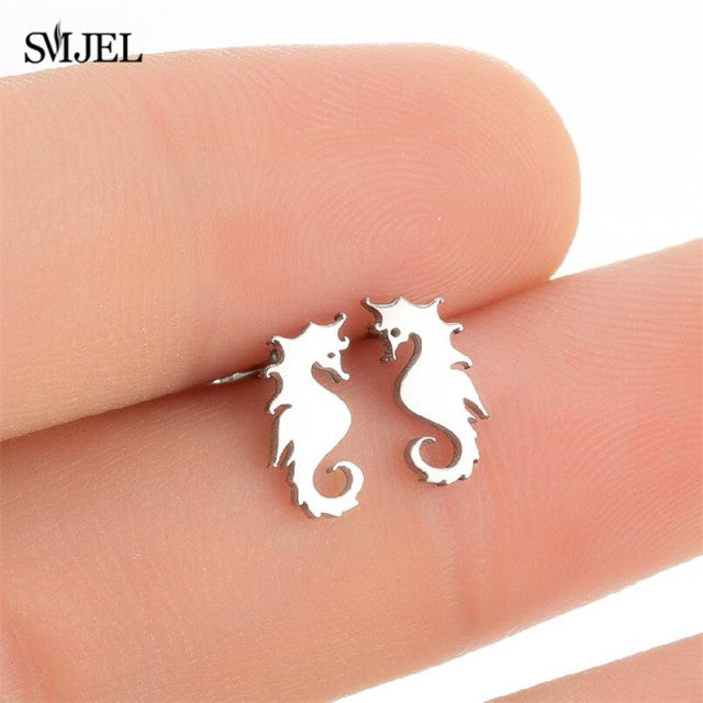 Tiny Cute Horseshoe Horse Earrings Female Stainless Steel Animal Earring Women Sheep Sea Penguin Wolf Earings Christmas Jewelry